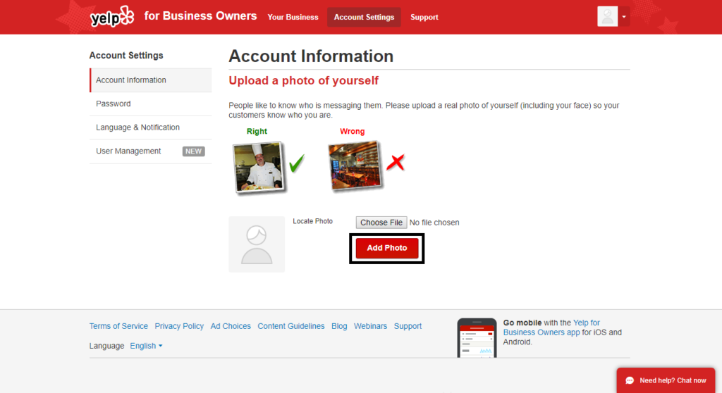 yelp business owner login add photo upload screen