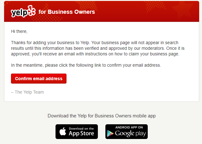 yelp business owner confirm email screen