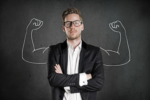 man in business suit with animated strong arms for bootstrapping startup