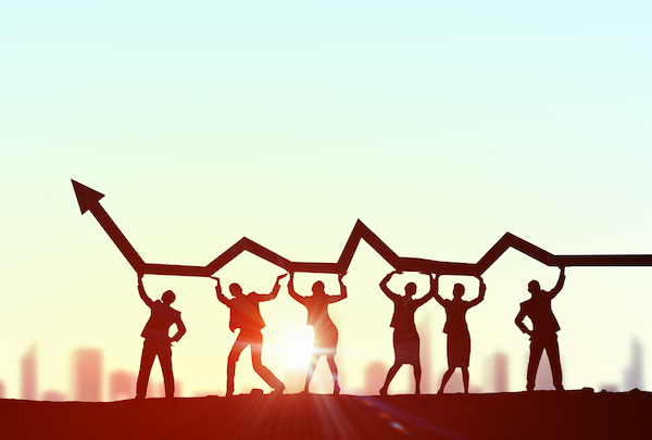 image of people holding up a market growth arrow for small business research