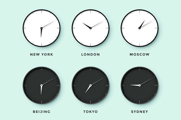 clocks showing different time zones for gig workers