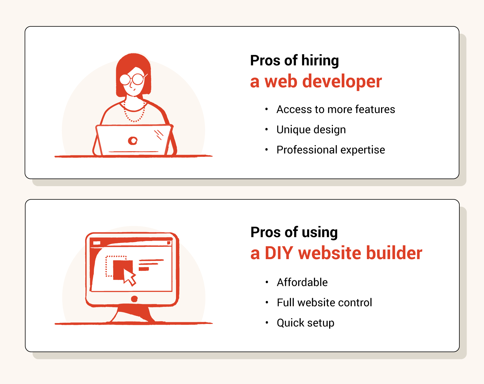 Pros of hiring a web developer vs pros of using a DIY website builder infographic